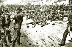 Polizei gegen Streikende in Bhmen im Jahr 1894.