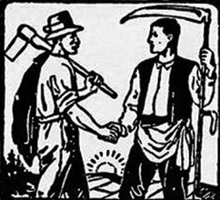 Dieses frhe Gewerkschaftslogo zeigt einen Forstarbeiter und einen Landarbeiter, die sich solidarisch die Hand reichen.