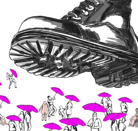Illustration eines Stiefels, der auf Menschen steigt