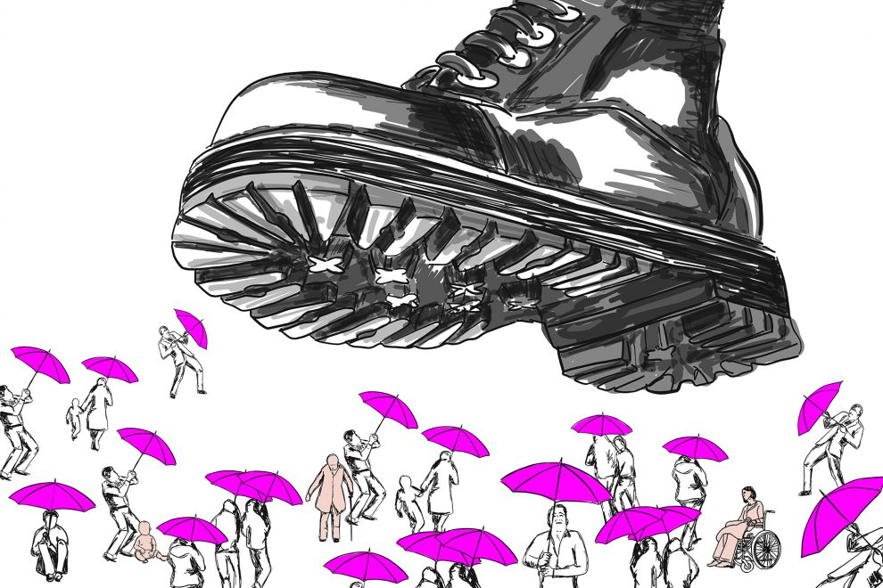 Illustration eines Stiefels, der auf Menschen steigt