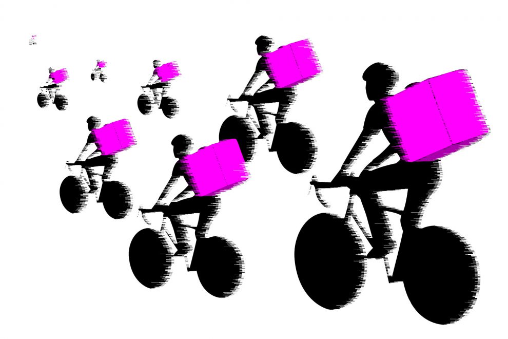 Illustration über Fahrradboten. Symbolbild für die Herbstlohnrunde im Niedriglohnsektor.