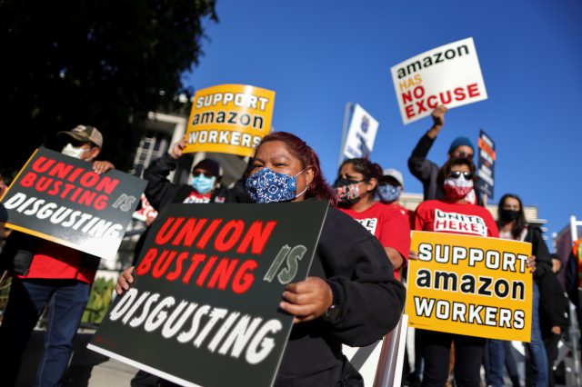 Protest in support of the unionizing efforts of the Alabama Amazon workers, in Los Angeles