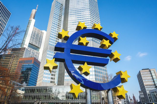 Frankfurt, Germany - Jan 23, 2020: Sculpture with Euro Sign and Stars - Currency sign for the Euro used in the Eurozone of European Union - Frankfurt, Germany