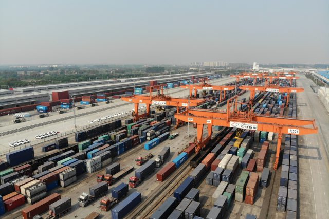 CHINA BELT AND ROAD NEW SILK ROAD An aerial view of the Qingbaijiang Railway Port where freight trains travel between China and Europe during the 'One Belt, One Road' initiative in Chengdu city, southwest China's Sichuan province, 30 April 2019. (Imaginechina via AP Images)