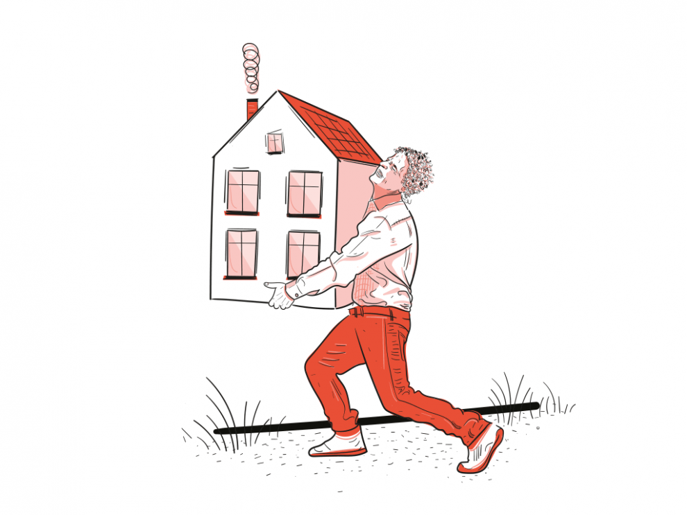 Illustration: Mann tragt ächzend ein Haus