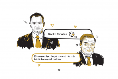 Illustration über die Chat-Affäre. Thomas Schmid bedankt sich bei Rainer Nowak, Rainer Nowak sagt, dass Schmid ihm beim ORF helfen soll.
