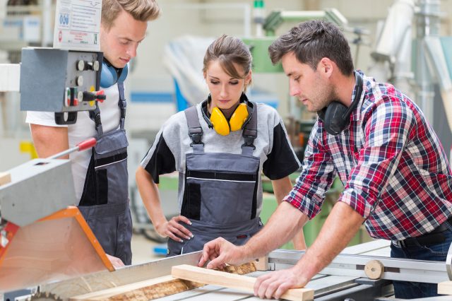 Zwei Lehrlinge bekommen im Rahmen ihrer Ausbildung etwas erklärt. Symbolbild für die LEhrlingsförderung.