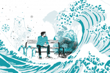 Illustration von einem Mann, der auf einer Bank sitzt. Er schaut auf eine Welle, die sich vor ihm auftürmt. Im Hintergrund sitzt ein Orang Utan in einem Dschungel, neben ihm ein Eisbär, umhüllt von Schneeflocken. Symbolbild für das sich wandelnde Klima.
