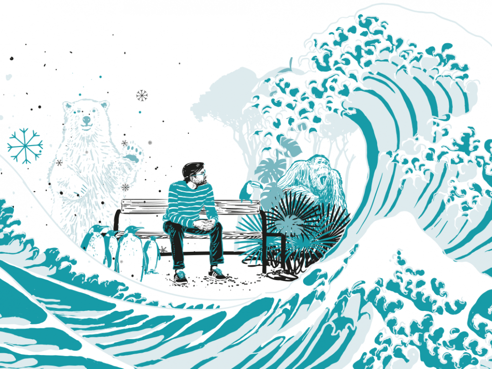 Illustration von einem Mann, der auf einer Bank sitzt. Er schaut auf eine Welle, die sich vor ihm auftürmt. Im Hintergrund sitzt ein Orang Utan in einem Dschungel, neben ihm ein Eisbär, umhüllt von Schneeflocken. Symbolbild für das sich wandelnde Klima.