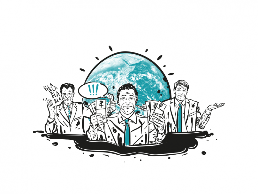 Illustration von Männern vor einer Weltkugel mit Geldscheinen in der Hand. Symbolbild für Unternehmer:innen, die aus Profitgier die Klimakrise verleugnen.