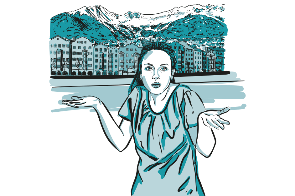 Vor der Inn-Skyline steht eine Frau und zuckt die Schultern. Symbolbild für den Mangel an leistbaren Wohnraum in Tirol.