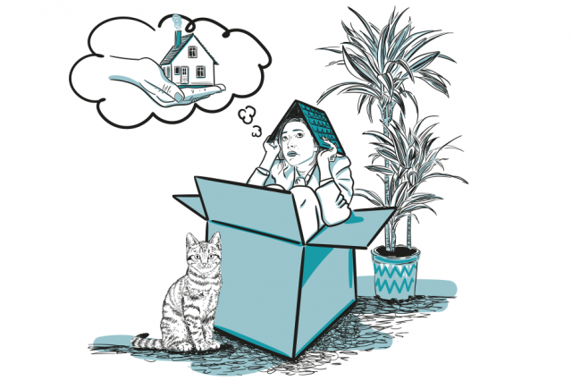 Eine Frau sitzt in einem Karton, neben ihr eine Pflanze und eine Katze, ober ihr eine Denkblase mit einer Hand, die ein Haus anbietet. Ihr Blick drückt Sorge aus. Symbolbild für die steigenden Mietpreise.