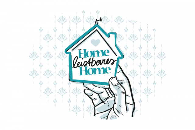 Illustration von einer Hand, die ein Haus mit der Aufschrift "Home leistbares Home" hält. Symbolbild für leistbaren Wohnraum.