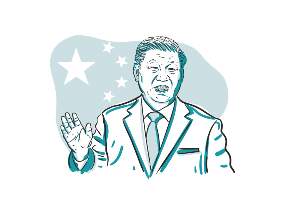 Illistruation Xi Jinping vor einer China-Flagge. Er hebt die Hand. Symbolbild für China Neue Seidenstraße.