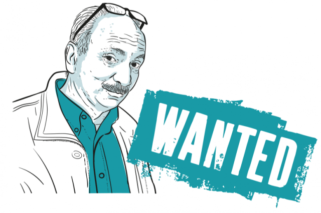 Illustration von einem älteren Mann. Davor ist ein Stempel mit der Aufschrift "Wanted" zu lesen. Symbolbild für Pensionist:innen, die in die Arbeit zurückkehren.