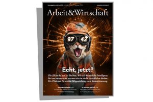 Cover zur Digitalisierungs/KI-Ausgabe mit dem Titel "Echt jetzt?!". Auf dem Cover ist eine KI-generierte Katze zu sehen, die überrascht in die Kamera schaut. Sie trägt eine Mütze, einen Mantel sowie eine Brille, auf der die Zahlen 97 und 42 aufgedruckt sind.