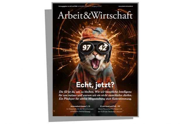 Cover zur Digitalisierungs/KI-Ausgabe mit dem Titel "Echt jetzt?!". Auf dem Cover ist eine KI-generierte Katze zu sehen, die überrascht in die Kamera schaut. Sie trägt eine Mütze, einen Mantel sowie eine Brille, auf der die Zahlen 97 und 42 aufgedruckt sind.