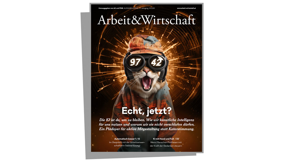 Cover zur Digitalisierungs/KI-Ausgabe mit dem Titel "Echt jetzt?!". Auf dem Cover ist eine KI-generierte Katze zu sehen, die überrascht in die Kamera schaut. Sie trägt eine Mütze, einen Mantel sowie eine Brille, auf der die Zahlen 97 und 42 aufgedruckt sind.