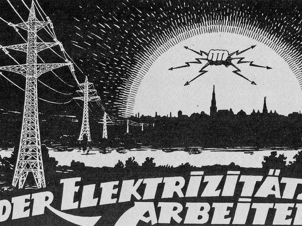 Ein Cover einer Zeitschrift ist zu sehen. Darauf sind Strommasten abgebildet, ein Sonnenuntergang, über dem eine Hand, die Elektrizitätsblitze hält und dahinter eine Stadt. Es ist die Aufschrift "Elektrizitätsarbeiter" zu sehen. Symbolbild für den Wandel von Technologie in Mobilität und Kommunikation.