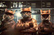 Drei von KI produzierte Katzen in Arbeitskleidung stehen vor Servern, die verschiedene digitale Anzeigen haben. Symbolbild für die vierte industrielle Revolution.