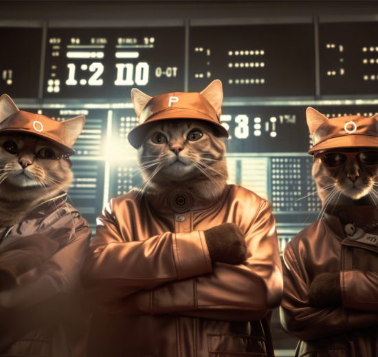 Drei von KI produzierte Katzen in Arbeitskleidung stehen vor Servern, die verschiedene digitale Anzeigen haben. Symbolbild für die vierte industrielle Revolution.