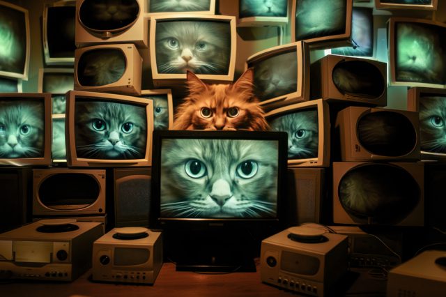 In TV-Geräten unterschiedlicher Größe sind Katzen zu sehen. Sie sehen den Betrachter des Bildes direkt an. Symbolbild für die Überwachung durch Microsoft.