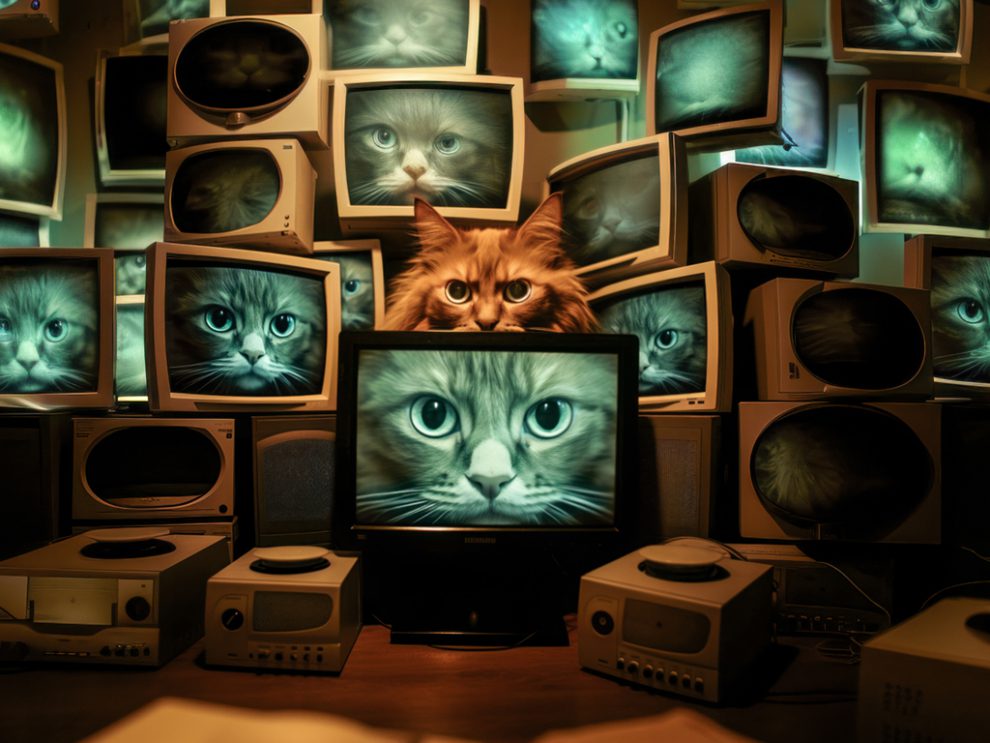 In TV-Geräten unterschiedlicher Größe sind Katzen zu sehen. Sie sehen den Betrachter des Bildes direkt an. Symbolbild für die Überwachung durch Microsoft.
