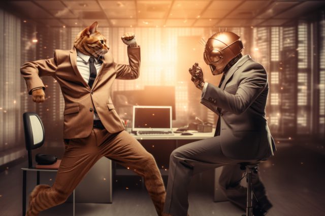 Bild von einer Katze im Anzug, die mit einem Roboter kämpft. Im Hintergrund ist ein Büro zu sehen. Symbolbild für Künstliche Intelligenz.