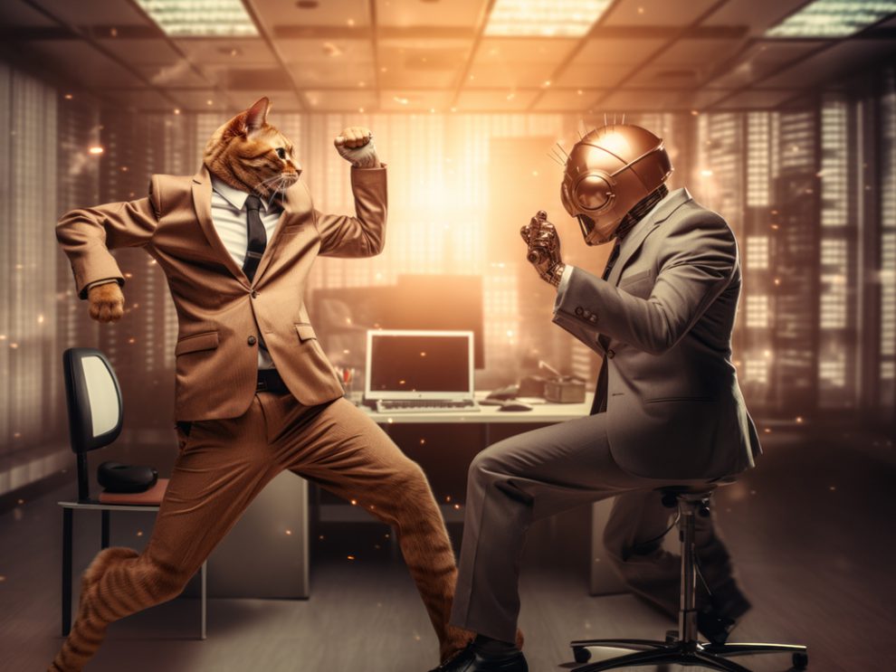 Bild von einer Katze im Anzug, die mit einem Roboter kämpft. Im Hintergrund ist ein Büro zu sehen. Symbolbild für Künstliche Intelligenz.
