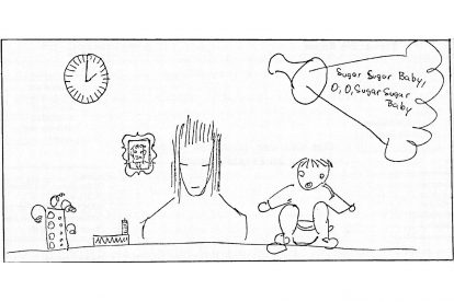 Karikatur aus einem Seminar von Arbeitswelt und Schule. Eine Frau ist zu sehen, sie kümmert sich um ein Kind, das neben ihr steht. Aus einem Lautsprecher kommt Musik, sie befindet sich in einem Wohnzimmer, an der Wand hängt eine Uhr sowie ein Bild. Neben ihr steht ein Kaktus. Sie schaut verärgert.