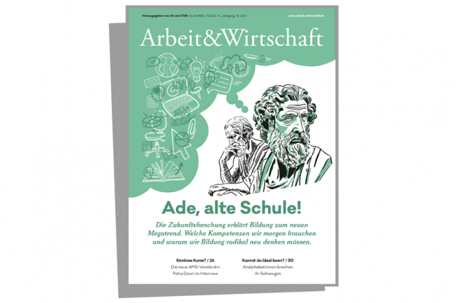 Cover zur Bildungsausgabe mit dem Titel "Ade, alte Schule!". Auf dem Cover ist eine Illustration von zwei griechischen Philosophen zu sehen. In einer Denkblase über ihnen sind neue Formen der Bildung, wie Laptops, Tablets, ein Mausklick, etc. zu sehen.