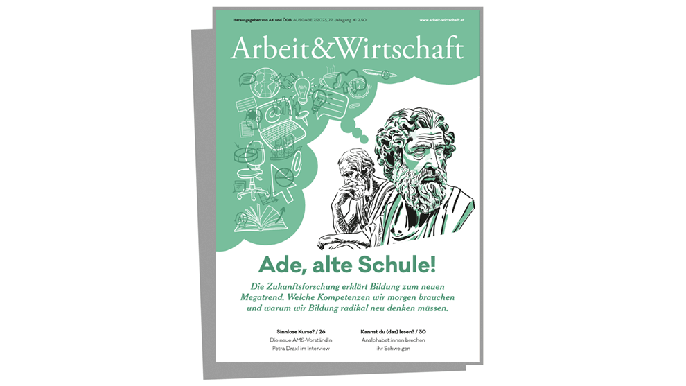 Cover zur Bildungsausgabe mit dem Titel "Ade, alte Schule!". Auf dem Cover ist eine Illustration von zwei griechischen Philosophen zu sehen. In einer Denkblase über ihnen sind neue Formen der Bildung, wie Laptops, Tablets, ein Mausklick, etc. zu sehen.