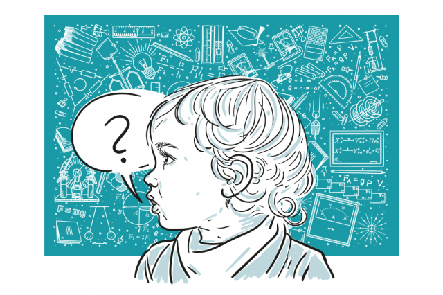 Ein Kind steht vor einer Tafel mit komplexen Zeichnungen. Eine Sprechblase führt aus seinem Mund hinaus. Darin ist ein Fragezeichen zu sehen. Symbolbild für die Fehler im Schulsystem.