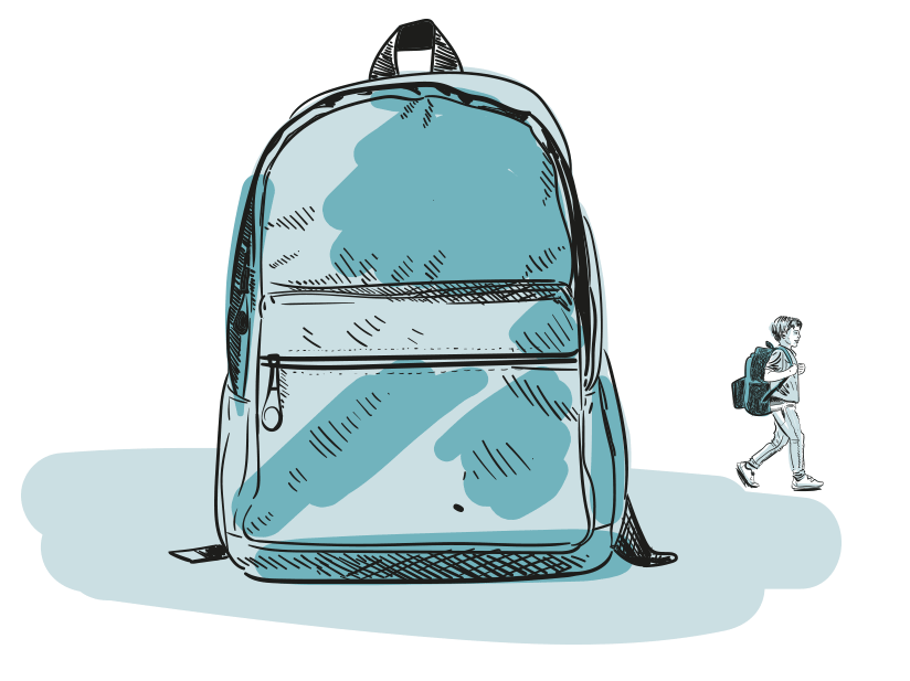 Ein großer Schulrucksack ist zu sehen. Daneben geht ein Kind, nur ein Drittel so groß wie der Schulrucksack. Symbolbild für die Fehler im Schulsystem.
