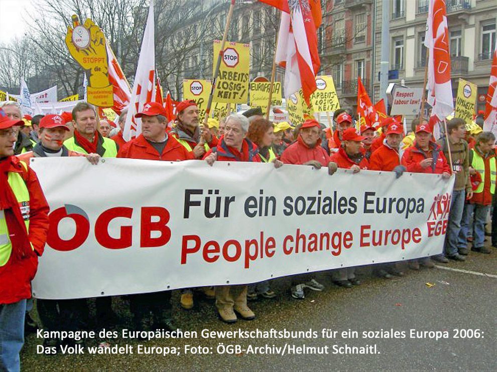 ÖGB-Block bei der EGB-Demo für ein soziales Europa in Brüssel 2006. Symbolbild für den Sozialstaat und seine Geschichte.