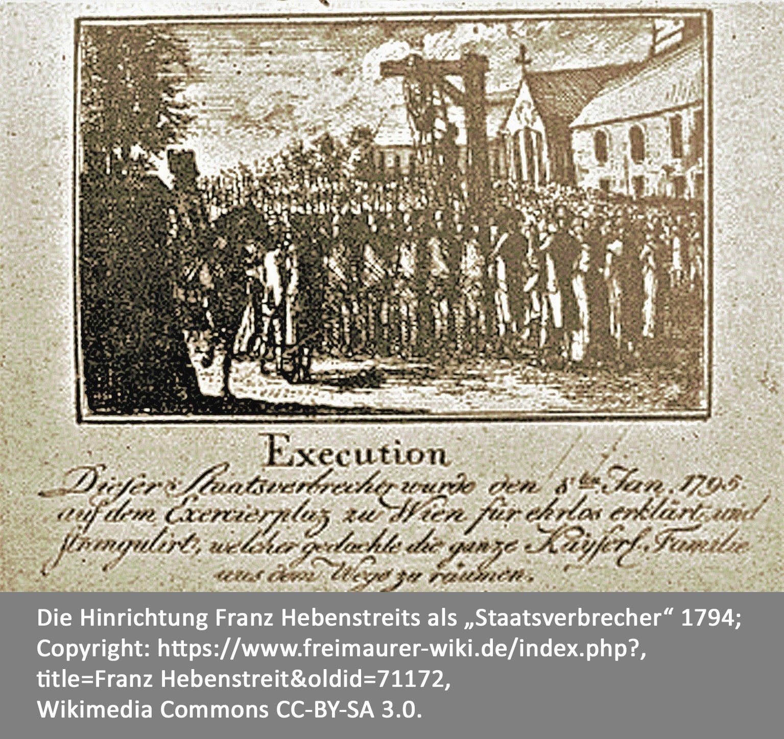 Flugblatt mit Zeichnung von der Hinrichtung Hebenstreits.