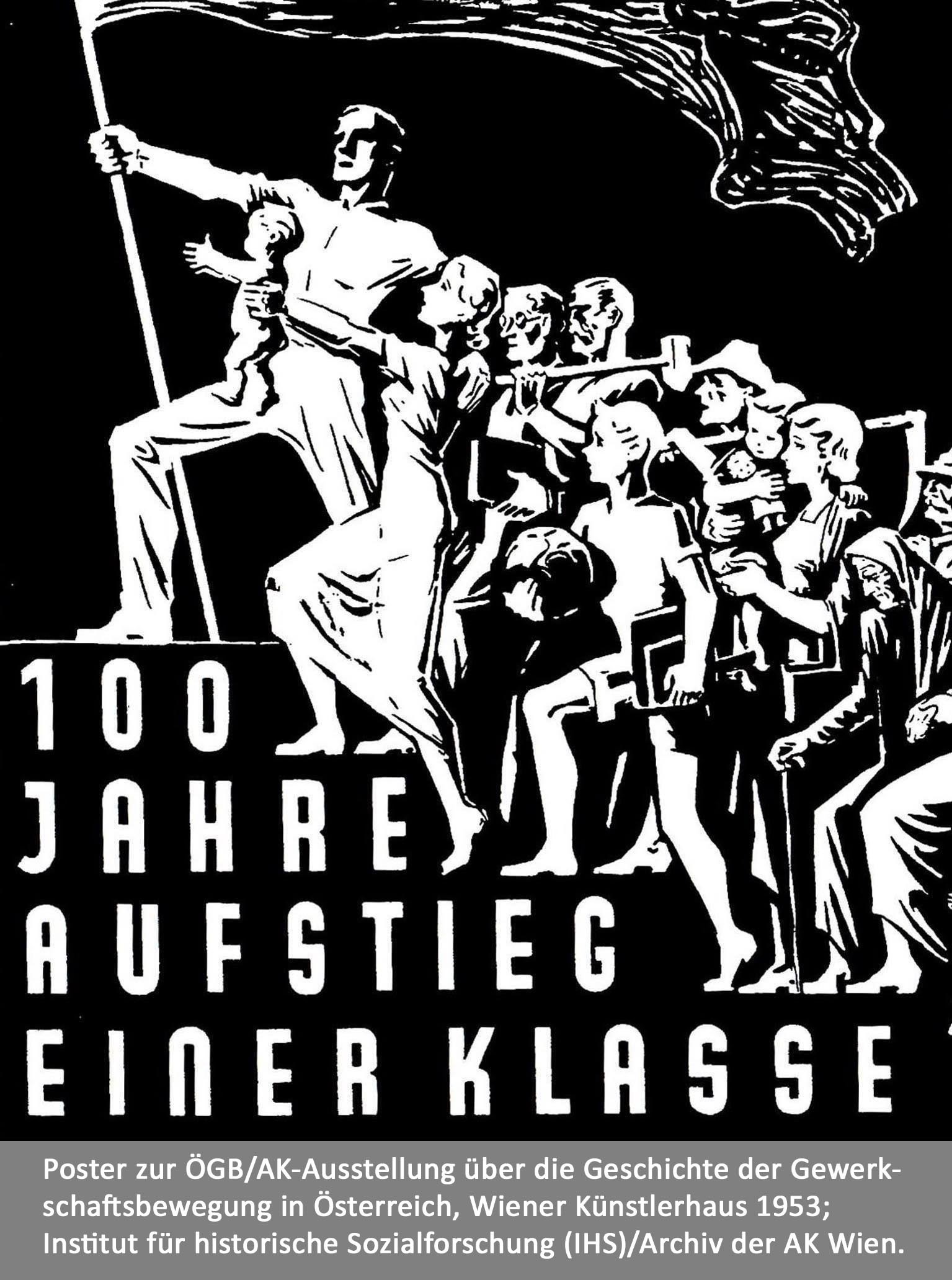 Poster zur AK/ÖGB-Ausstellung „Hundert Jahre Aufstieg einer Klasse“. Symbolbild für den Sozialstaat und seine Geschichte.