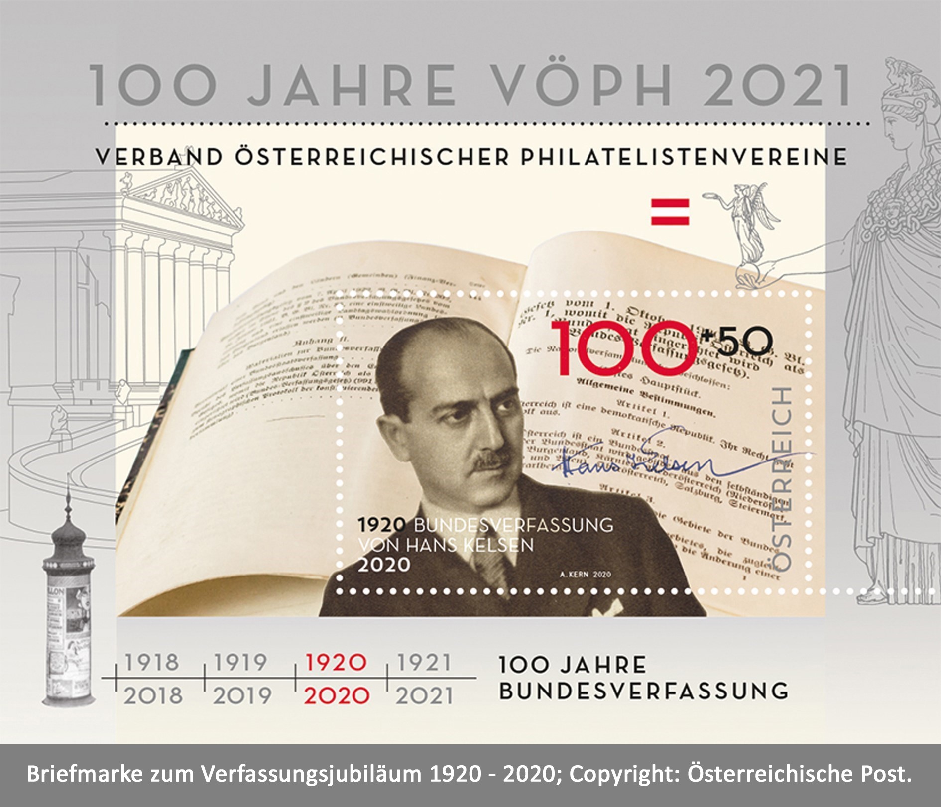 Briefmarke zum 100jährigen Verfassungsjubiläum mit Portrait von Hans Kelsen.