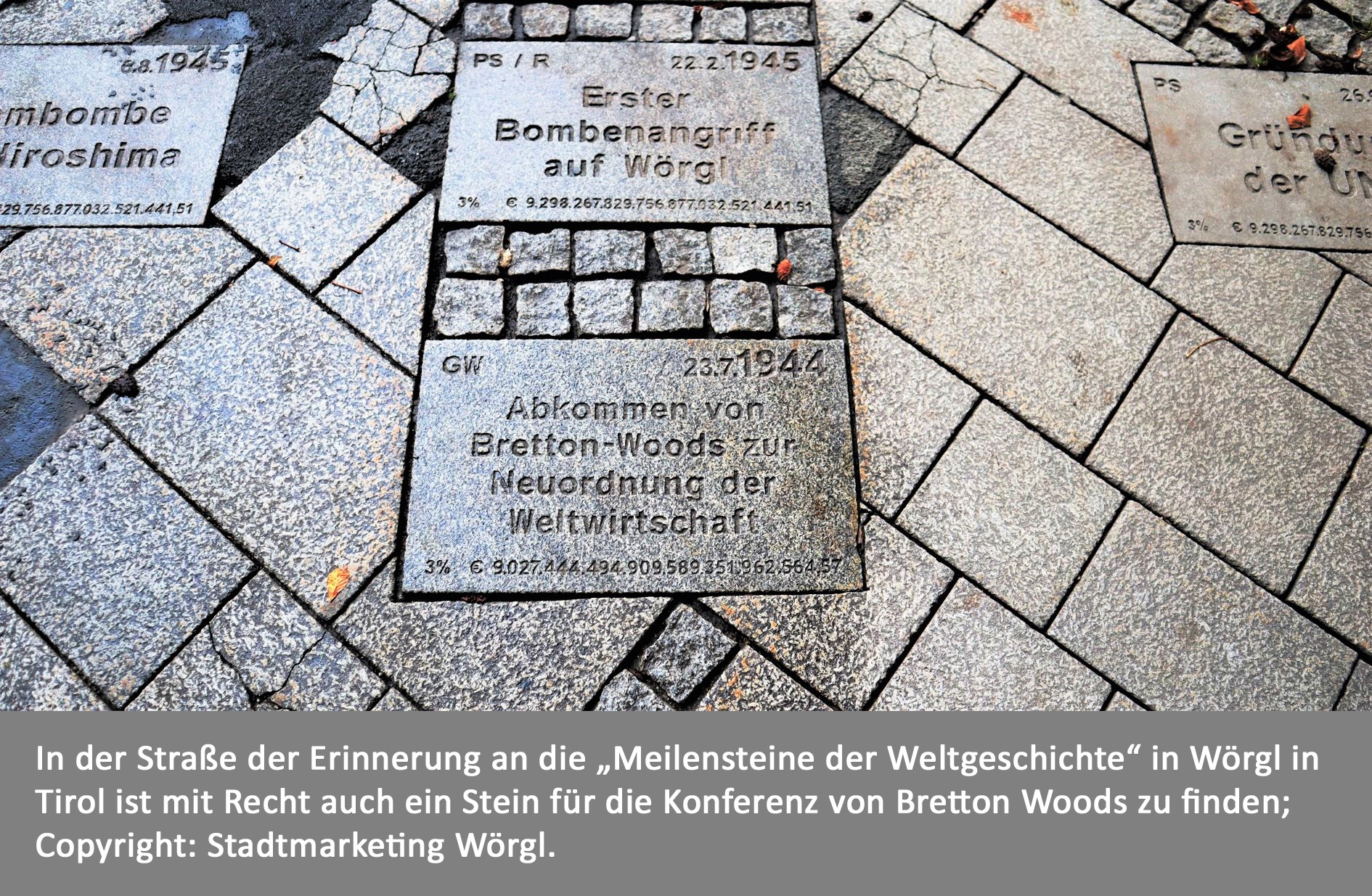 „Meilenstein“ für die Bretton Woods-Konferenz in der Bahnhofstraße von Wörgl. Symbolbild für den Sozialstaat und seine Geschichte.