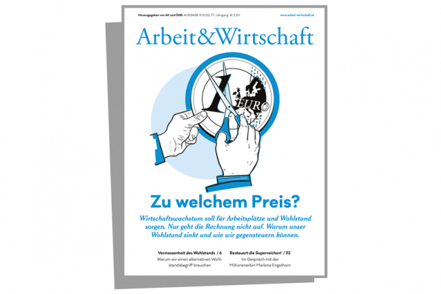 Cover zur Wohlstandsausgabe mit dem Titel "Zu welchem Preis?". Auf der Illustration ist zu sehen, wie eine Person mit einer Schere eine Euromünze durchschneidet.