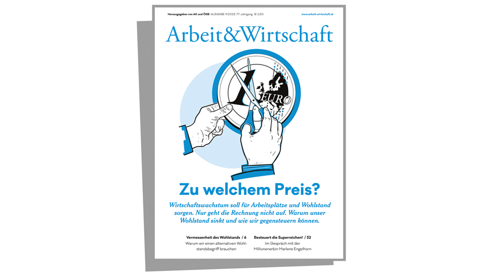 Cover zur Wohlstandsausgabe mit dem Titel "Zu welchem Preis?". Auf der Illustration ist zu sehen, wie eine Person mit einer Schere eine Euromünze durchschneidet.