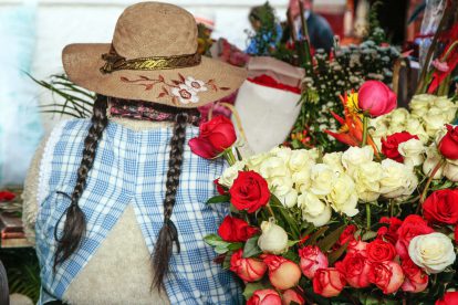 Eine Person der indigenen Bevölkerung aus Ecuador trägt Rosen, die für den Valentinstag bestimmt sind