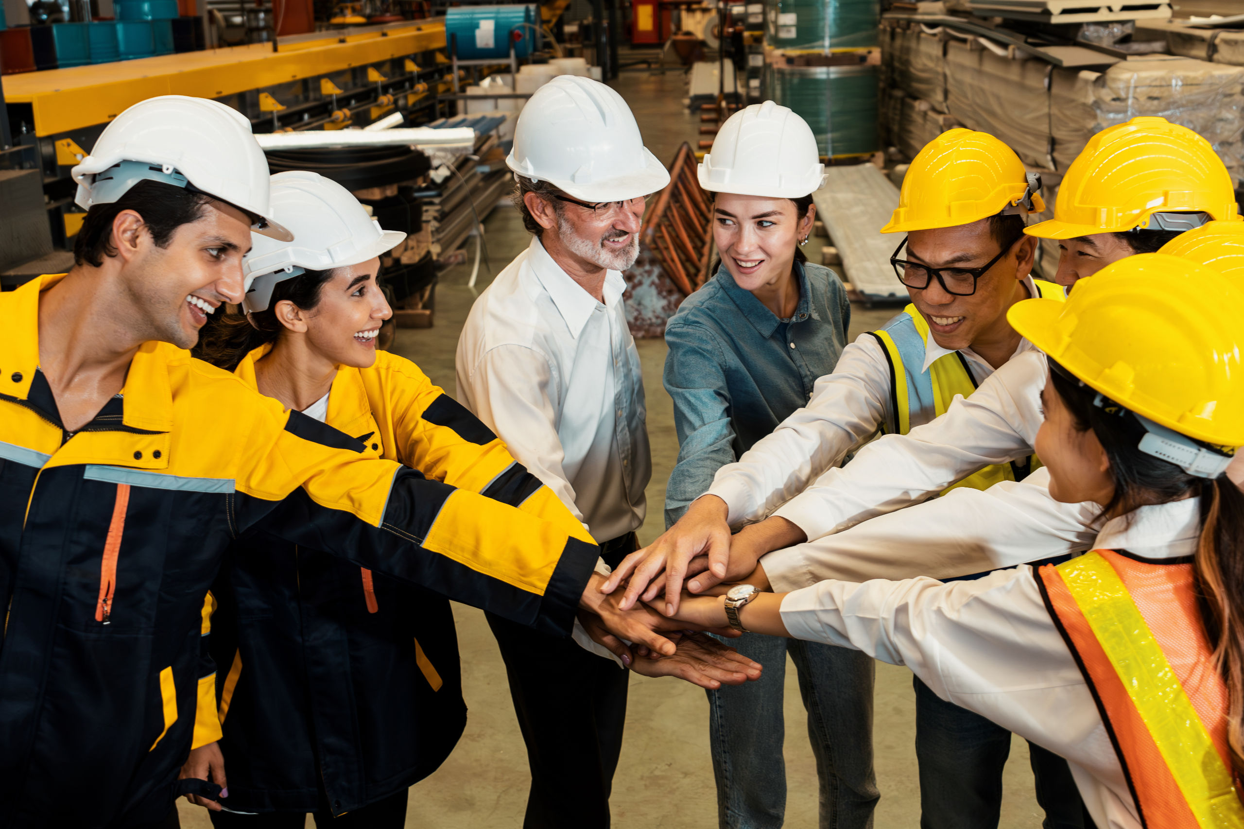 Eine Gruppe Arbeiterinnen und Arbeioter mit Helm in einer Werkstatt legen die Hände übereinander. Symbolbild für den Tartifvertrag.