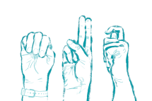 Grafik von drei Händen mit Gebärdensprache. Illustration zu inklusiv arbeiten.