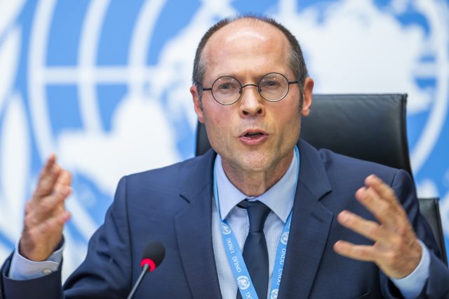 UN-Sonderberichterstatter Olivier de Schutter bei einer Rede vor den Vereinten Nationen.