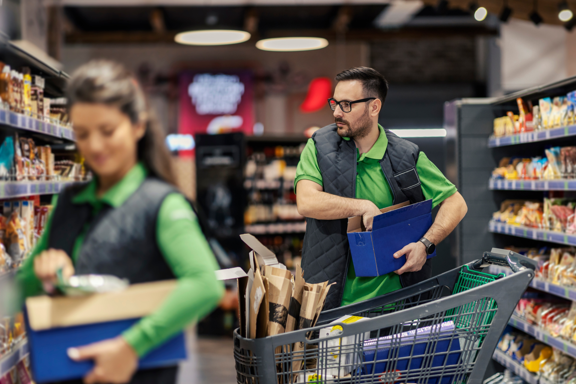 Zwei Handelsmitarbeiter räumen Regale in einem Supermarkt ein. | © Adobe Stock/Dusan Petkovic