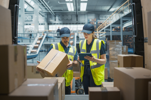 Zwei Frachtmitarbeiter kümmern sich um Pakete. Symbolbild für Temu und Zoll