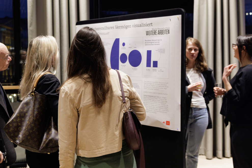 Eine Frau steh tvor einer Grafik. Symbolbild für den Grafik-Preis der AK Wien. | © Lisi Specht