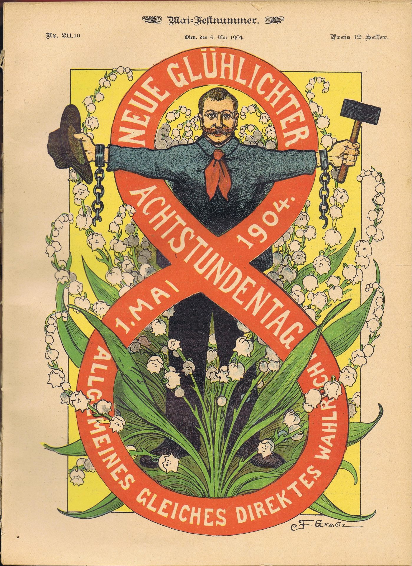Der Kampf um den Acht-Stunden-Tag prägte auch Publikationen der Arbeiter:innenschaft, wie etwa das Titelblatt der Zeitschrift „Neue Glühlichter“ von 1904.