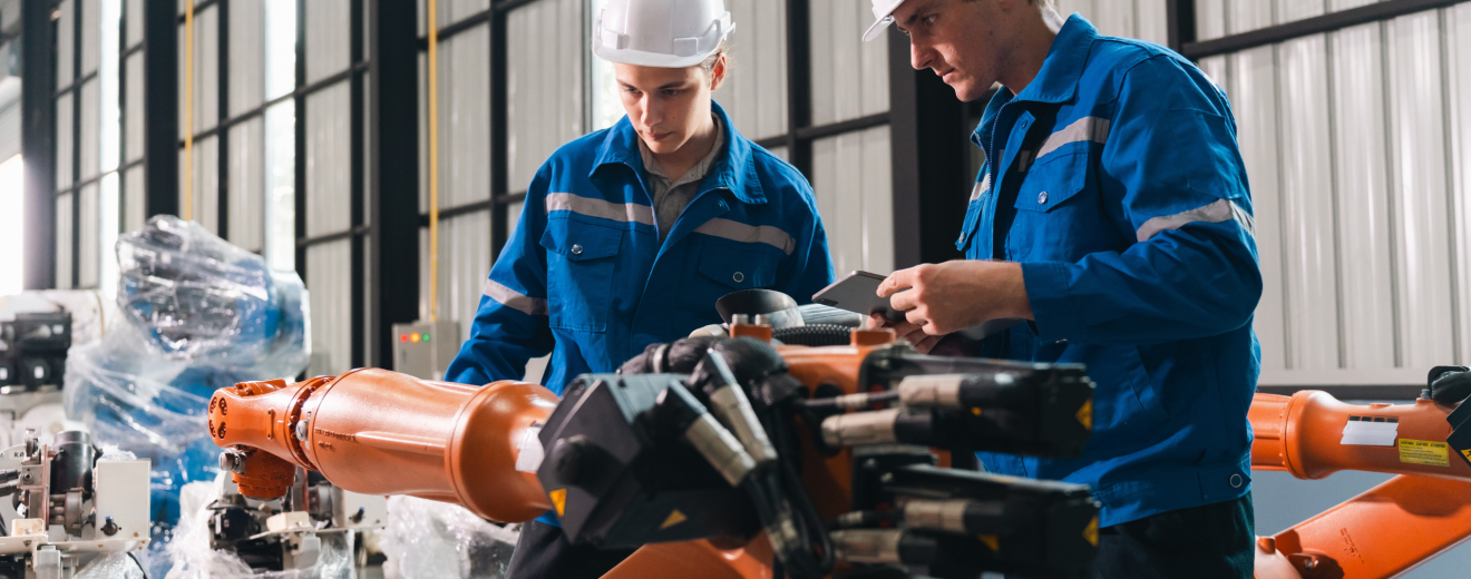 Zwei Männer arbeiten in einer Fabrik an einer Maschine.